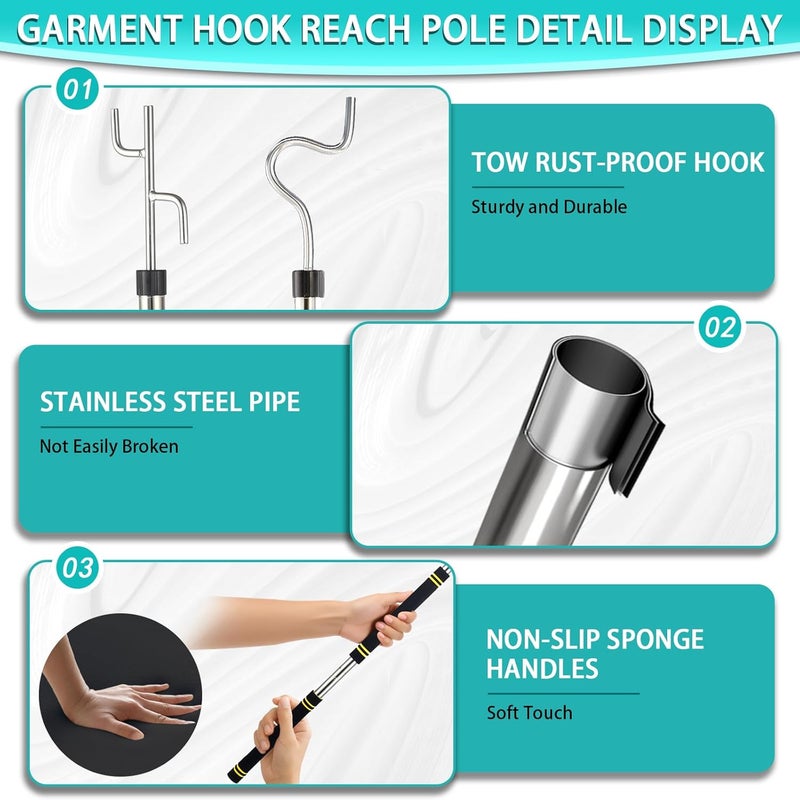 Frebuta Clothes Hook Pole for Closet,32 to 80In Truck Cargo Recovery Bar Long Handle with 2 Hooks Hanging Birdfeeder and Wind Chime Stainless Steel Tube for Home Outdoor Decorate (Black Yellow) - Image 3